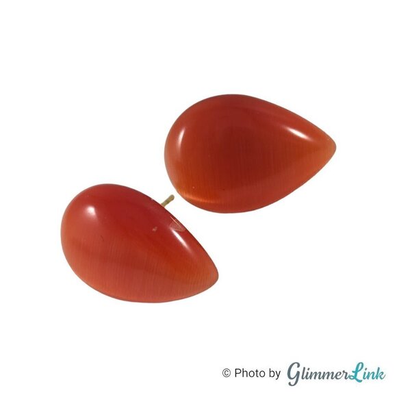 Cat's Eye Orange Glass Teardrop Gold Tone Brooch Earrings Jewelry Set - Picture 4 of 10